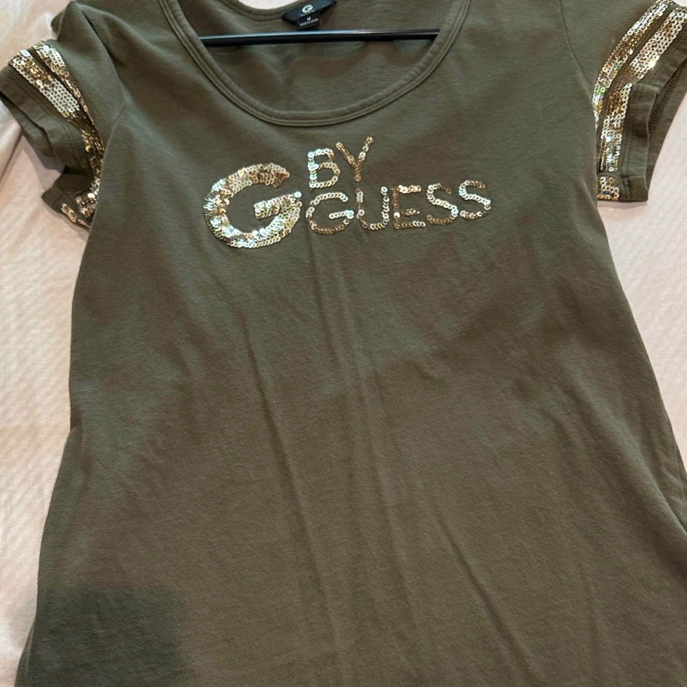 Guess Olive Green Tee with Gold Sequin Logo
